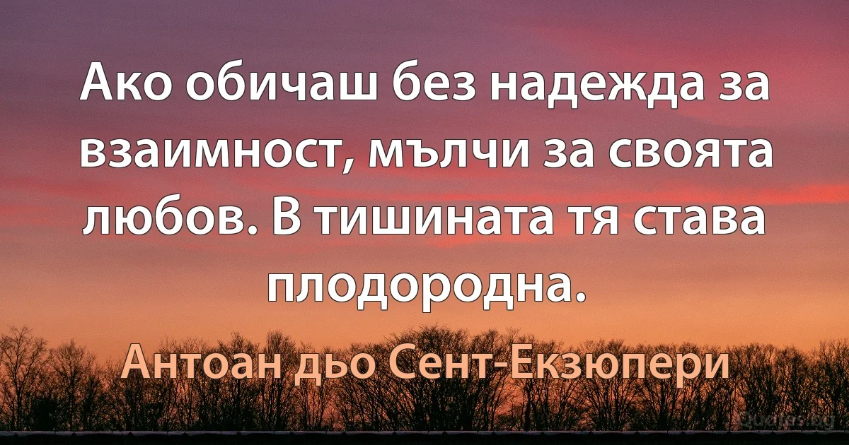 Ако обичаш без надежда за взаимност, мълчи за своята любов. В тишината тя става плодородна. (Антоан дьо Сент-Екзюпери)