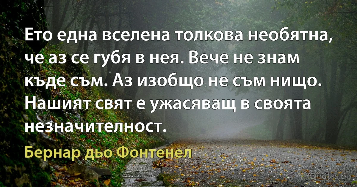 Ето една вселена толкова необятна, че аз се губя в нея. Вече не знам къде съм. Аз изобщо не съм нищо. Нашият свят е ужасяващ в своята незначителност. (Бернар дьо Фонтенел)