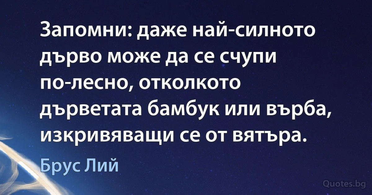 Запомни: даже най-силното дърво може да се счупи по-лесно, отколкото дърветата бамбук или върба, изкривяващи се от вятъра. (Брус Лий)