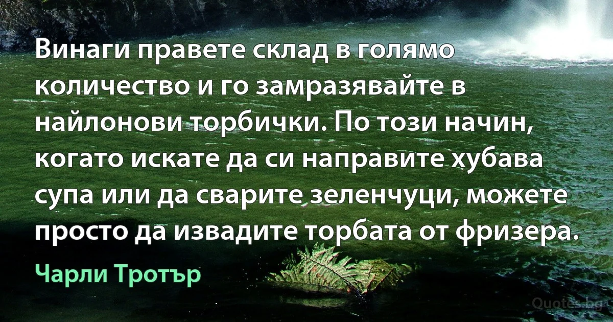 Винаги правете склад в голямо количество и го замразявайте в найлонови торбички. По този начин, когато искате да си направите хубава супа или да сварите зеленчуци, можете просто да извадите торбата от фризера. (Чарли Тротър)