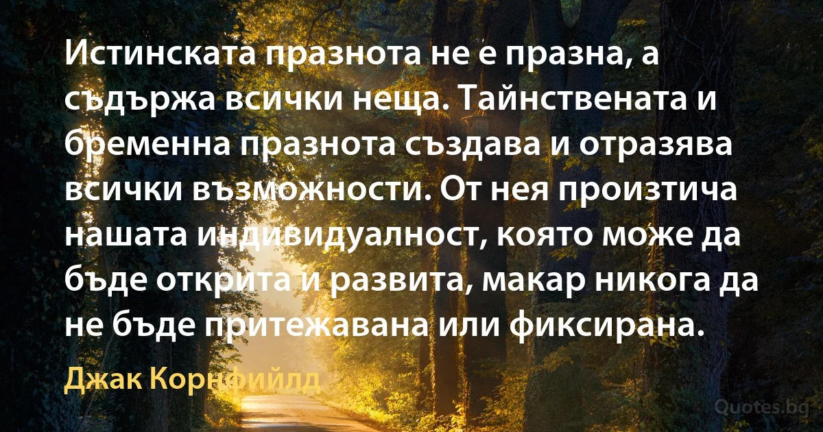 Истинската празнота не е празна, а съдържа всички неща. Тайнствената и бременна празнота създава и отразява всички възможности. От нея произтича нашата индивидуалност, която може да бъде открита и развита, макар никога да не бъде притежавана или фиксирана. (Джак Корнфийлд)