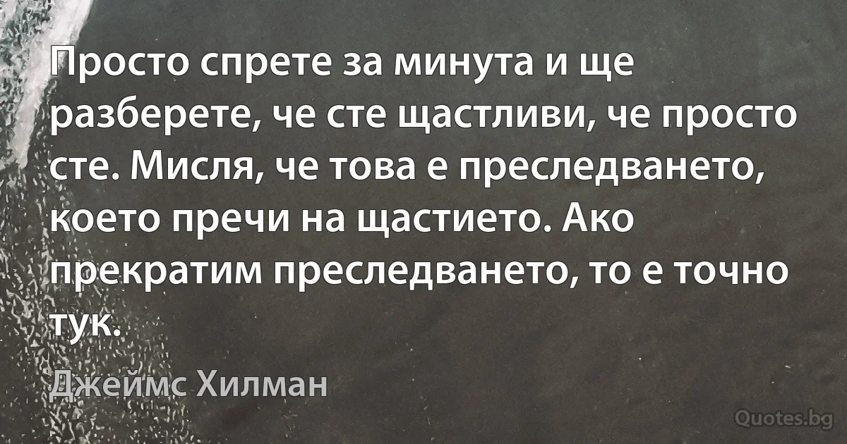 Просто спрете за минута и ще разберете, че сте щастливи, че просто сте. Мисля, че това е преследването, което пречи на щастието. Ако прекратим преследването, то е точно тук. (Джеймс Хилман)