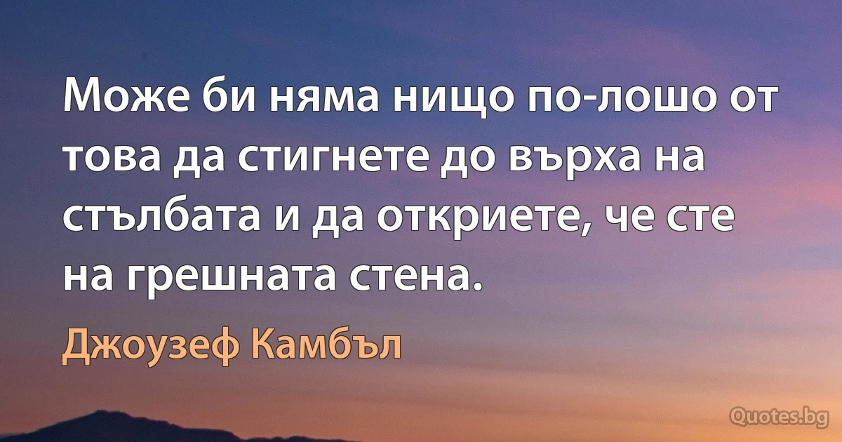 Може би няма нищо по-лошо от това да стигнете до върха на стълбата и да откриете, че сте на грешната стена. (Джоузеф Камбъл)