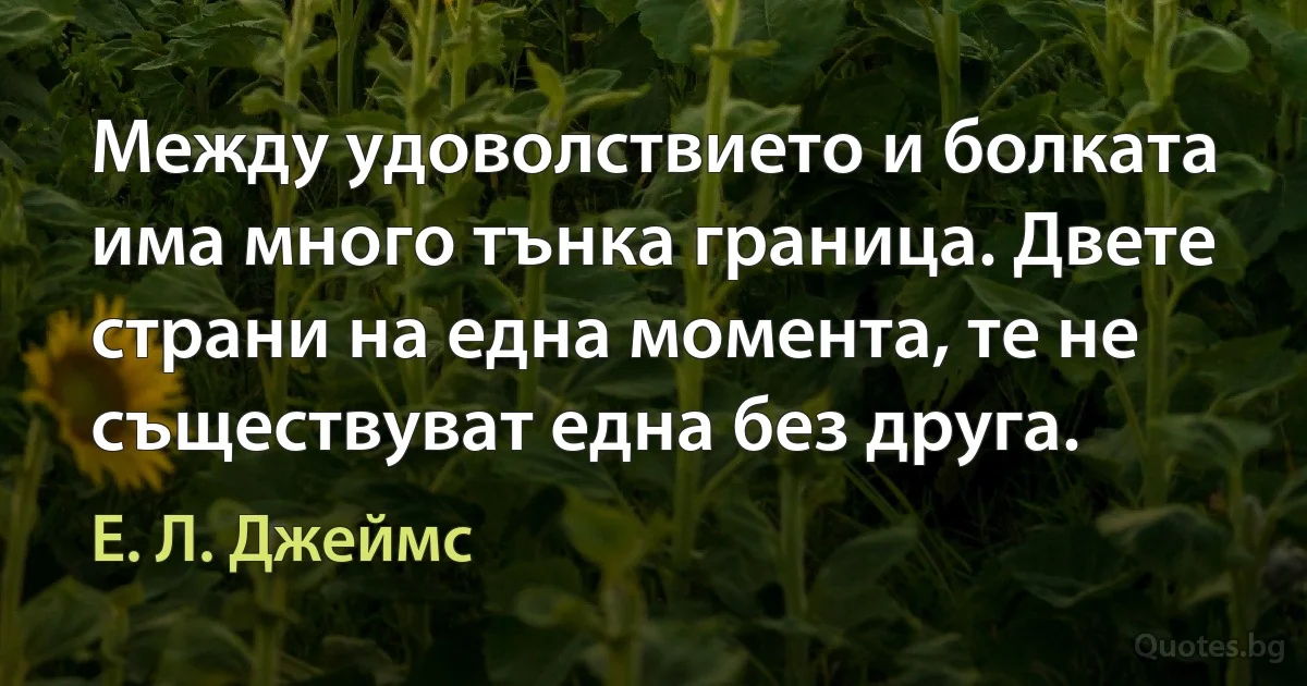 Между удоволствието и болката има много тънка граница. Двете страни на една момента, те не съществуват една без друга. (Е. Л. Джеймс)