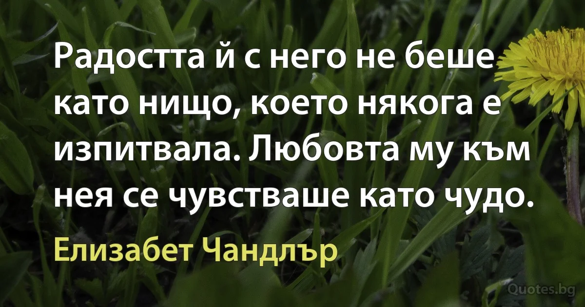 Радостта й с него не беше като нищо, което някога е изпитвала. Любовта му към нея се чувстваше като чудо. (Елизабет Чандлър)