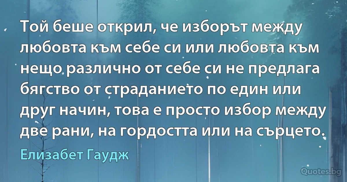 Той беше открил, че изборът между любовта към себе си или любовта към нещо различно от себе си не предлага бягство от страданието по един или друг начин, това е просто избор между две рани, на гордостта или на сърцето. (Елизабет Гаудж)