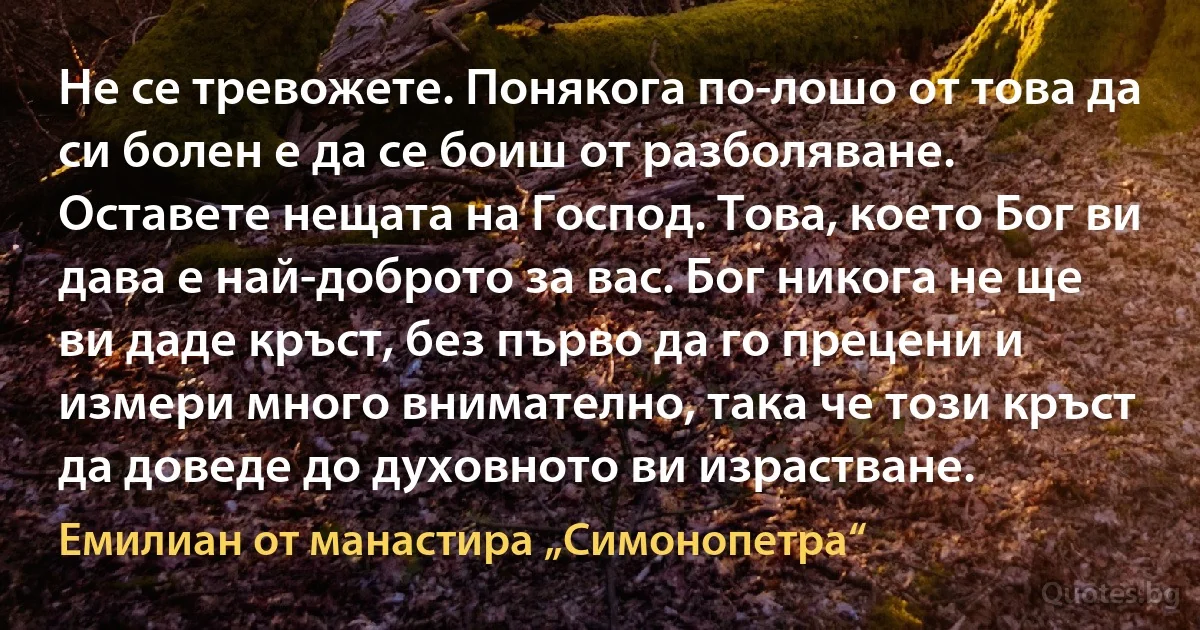 Не се тревожете. Понякога по-лошо от това да си болен е да се боиш от разболяване. Оставете нещата на Господ. Това, което Бог ви дава е най-доброто за вас. Бог никога не ще ви даде кръст, без първо да го прецени и измери много внимателно, така че този кръст да доведе до духовното ви израстване. (Емилиан от манастира „Симонопетра“)