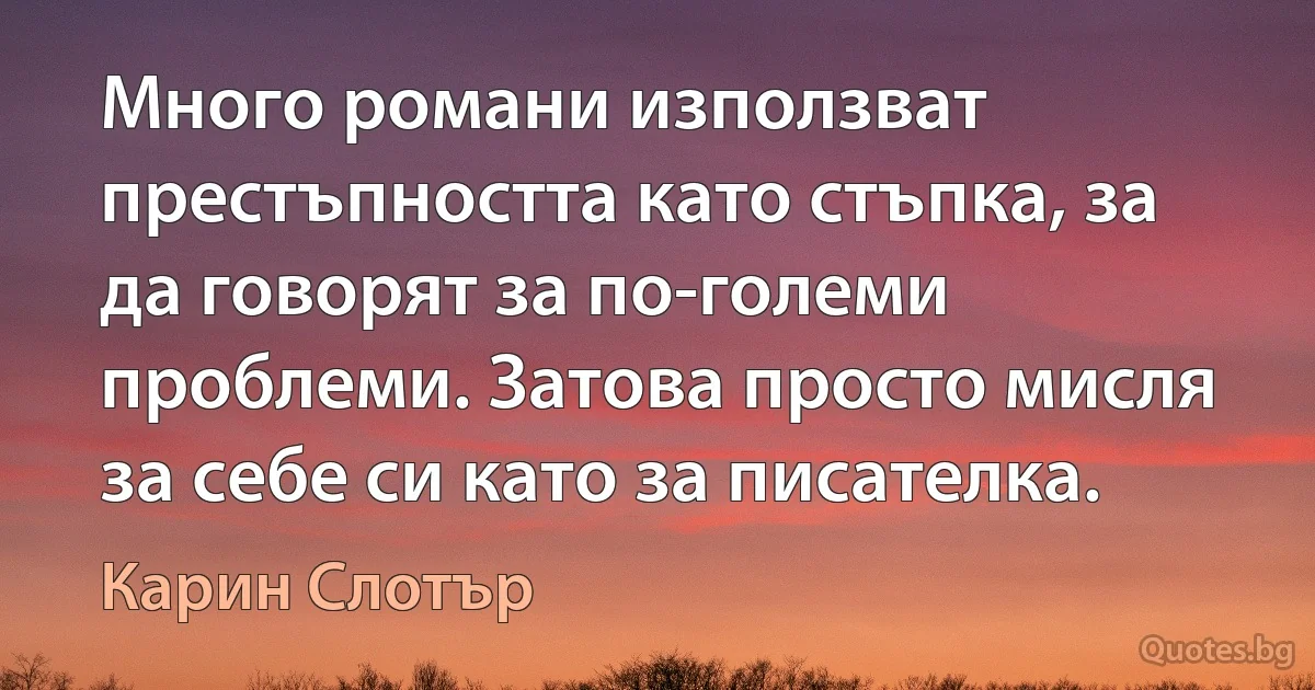 Много романи използват престъпността като стъпка, за да говорят за по-големи проблеми. Затова просто мисля за себе си като за писателка. (Карин Слотър)