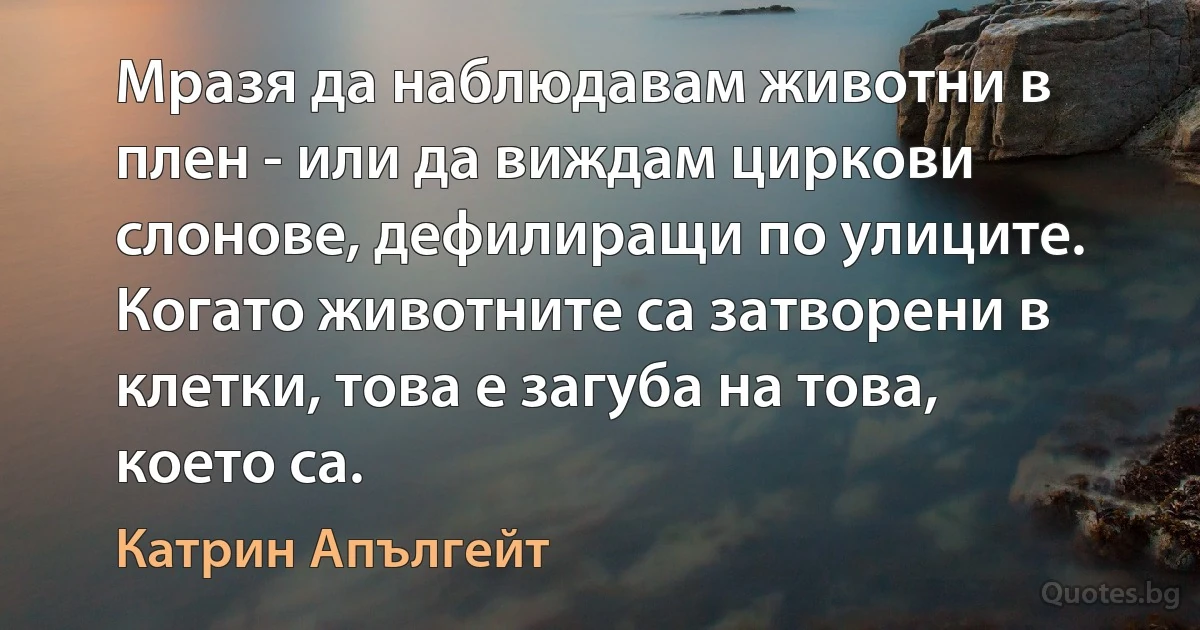 Мразя да наблюдавам животни в плен - или да виждам циркови слонове, дефилиращи по улиците. Когато животните са затворени в клетки, това е загуба на това, което са. (Катрин Апългейт)