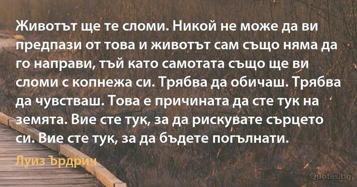 Животът ще те сломи. Никой не може да ви предпази от това и животът сам също няма да го направи, тъй като самотата също ще ви сломи с копнежа си. Трябва да обичаш. Трябва да чувстваш. Това е причината да сте тук на земята. Вие сте тук, за да рискувате сърцето си. Вие сте тук, за да бъдете погълнати. (Луиз Ърдрич)