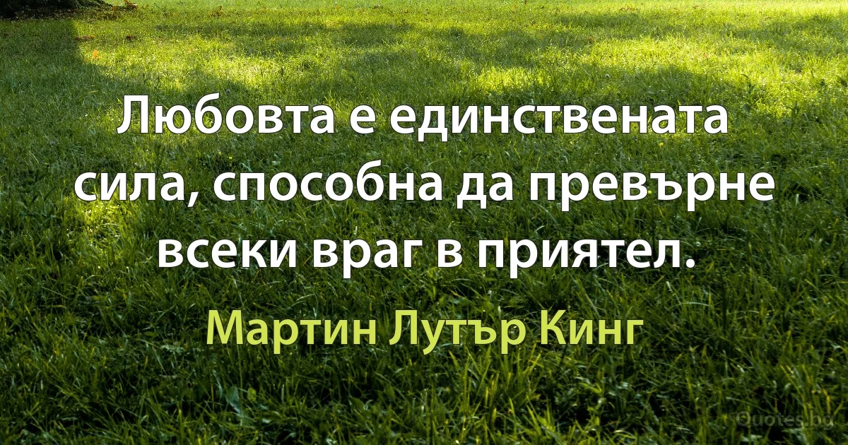 Любовта е единствената сила, способна да превърне всеки враг в приятел. (Мартин Лутър Кинг)