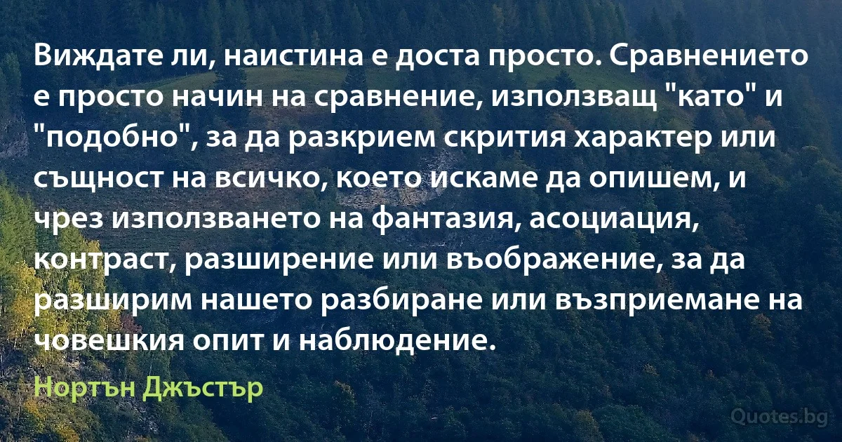 Виждате ли, наистина е доста просто. Сравнението е просто начин на сравнение, използващ "като" и "подобно", за да разкрием скрития характер или същност на всичко, което искаме да опишем, и чрез използването на фантазия, асоциация, контраст, разширение или въображение, за да разширим нашето разбиране или възприемане на човешкия опит и наблюдение. (Нортън Джъстър)