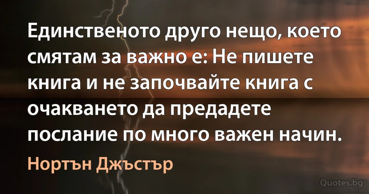 Единственото друго нещо, което смятам за важно е: Не пишете книга и не започвайте книга с очакването да предадете послание по много важен начин. (Нортън Джъстър)