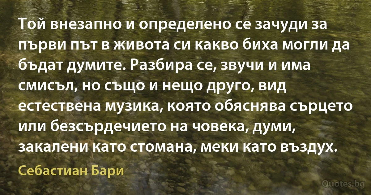 Той внезапно и определено се зачуди за първи път в живота си какво биха могли да бъдат думите. Разбира се, звучи и има смисъл, но също и нещо друго, вид естествена музика, която обяснява сърцето или безсърдечието на човека, думи, закалени като стомана, меки като въздух. (Себастиан Бари)