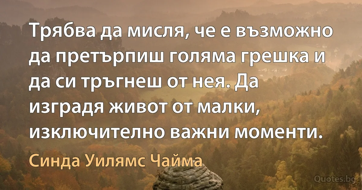 Трябва да мисля, че е възможно да претърпиш голяма грешка и да си тръгнеш от нея. Да изградя живот от малки, изключително важни моменти. (Синда Уилямс Чайма)