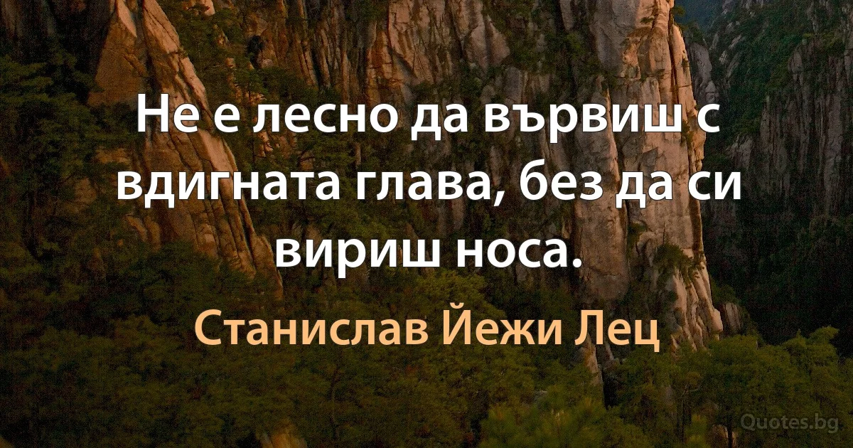 Не е лесно да вървиш с вдигната глава, без да си вириш носа. (Станислав Йежи Лец)