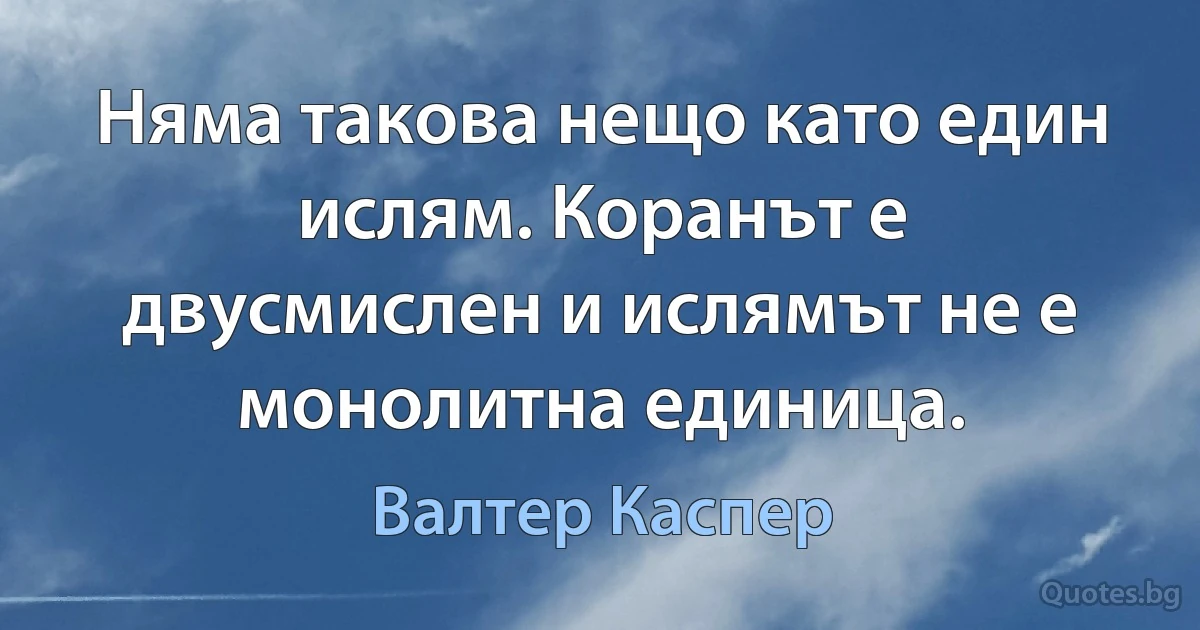 Няма такова нещо като един ислям. Коранът е двусмислен и ислямът не е монолитна единица. (Валтер Каспер)