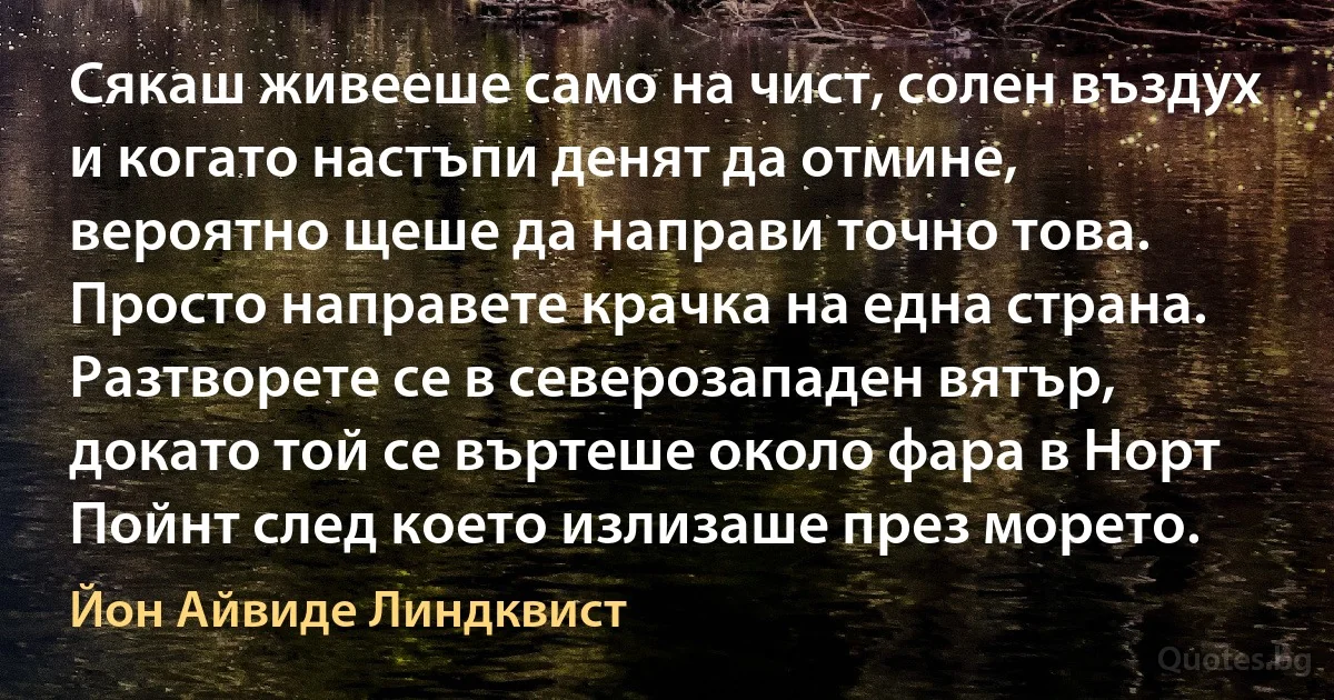 Сякаш живееше само на чист, солен въздух и когато настъпи денят да отмине, вероятно щеше да направи точно това. Просто направете крачка на една страна. Разтворете се в северозападен вятър, докато той се въртеше около фара в Норт Пойнт след което излизаше през морето. (Йон Айвиде Линдквист)