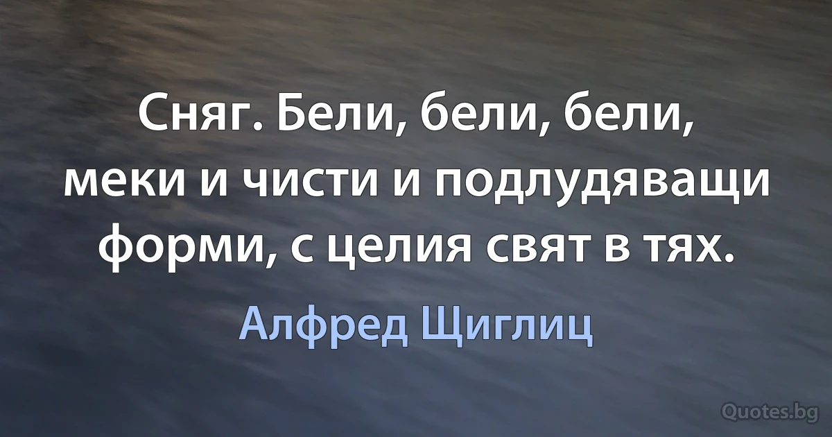 Сняг. Бели, бели, бели, меки и чисти и подлудяващи форми, с целия свят в тях. (Алфред Щиглиц)