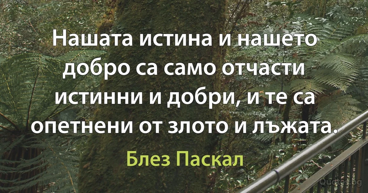 Нашата истина и нашето добро са само отчасти истинни и добри, и те са опетнени от злото и лъжата. (Блез Паскал)