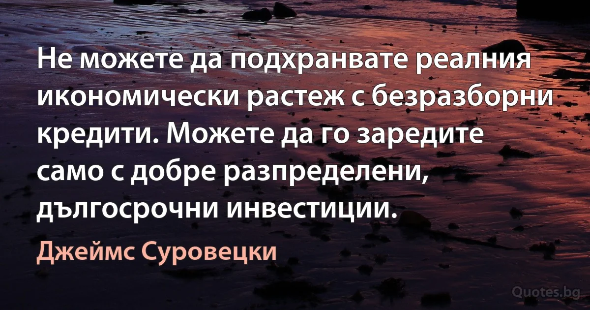 Не можете да подхранвате реалния икономически растеж с безразборни кредити. Можете да го заредите само с добре разпределени, дългосрочни инвестиции. (Джеймс Суровецки)