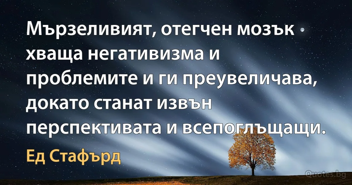 Мързеливият, отегчен мозък хваща негативизма и проблемите и ги преувеличава, докато станат извън перспективата и всепоглъщащи. (Ед Стафърд)