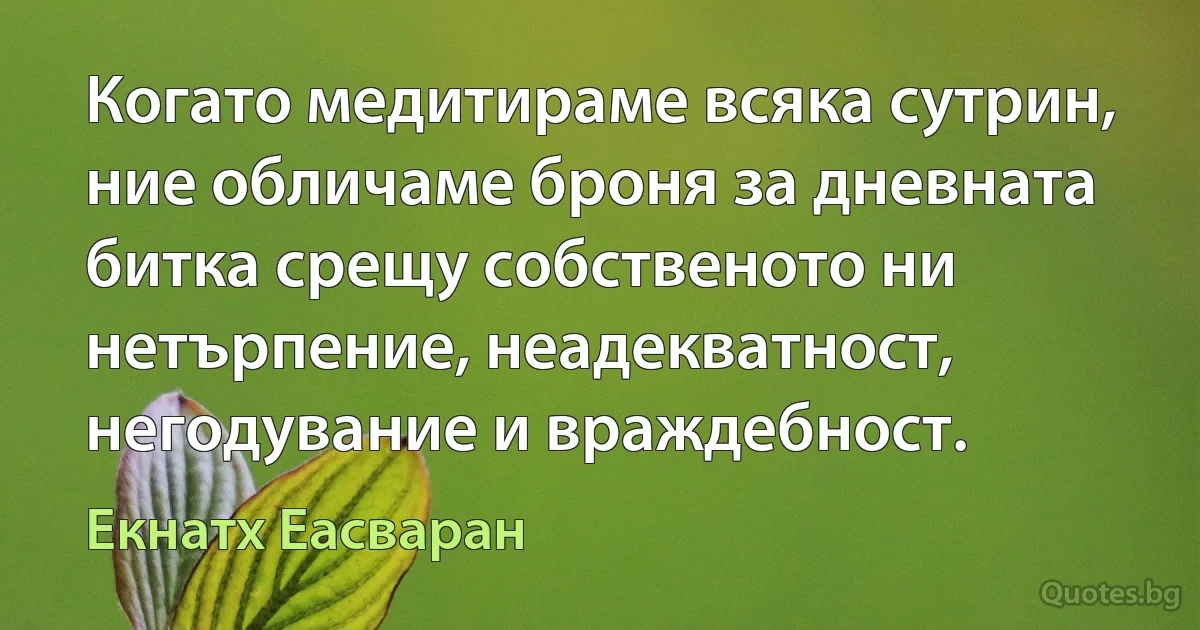 Когато медитираме всяка сутрин, ние обличаме броня за дневната битка срещу собственото ни нетърпение, неадекватност, негодувание и враждебност. (Екнатх Еасваран)