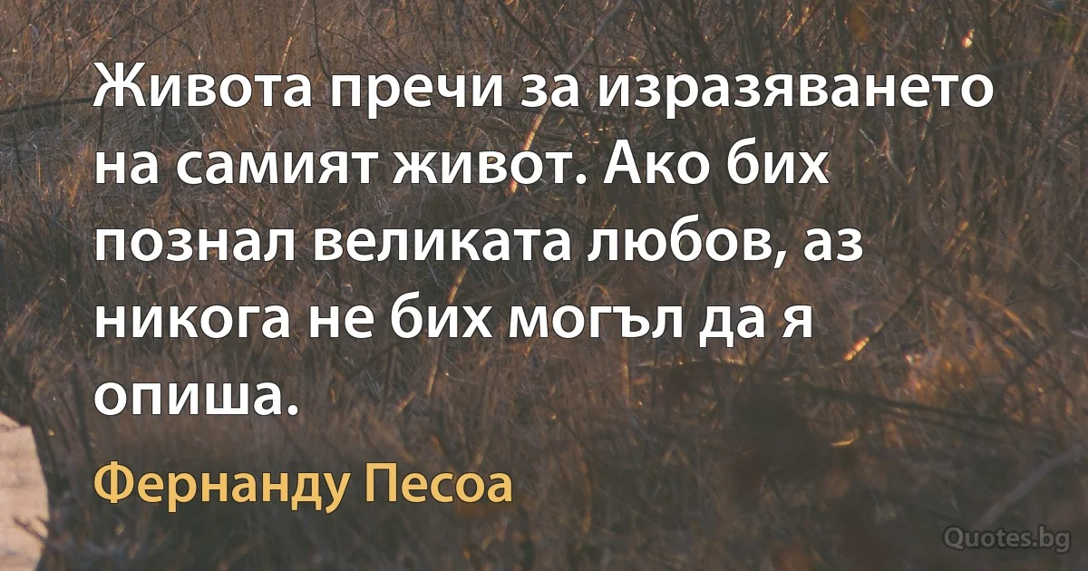 Живота пречи за изразяването на самият живот. Ако бих познал великата любов, аз никога не бих могъл да я опиша. (Фернанду Песоа)