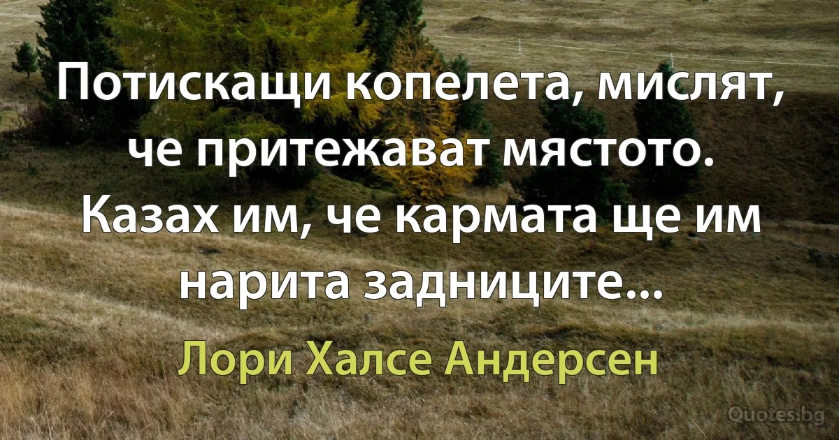 Потискащи копелета, мислят, че притежават мястото. Казах им, че кармата ще им нарита задниците... (Лори Халсе Андерсен)