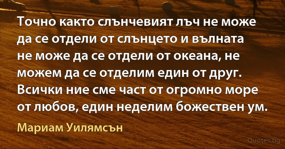 Точно както слънчевият лъч не може да се отдели от слънцето и вълната не може да се отдели от океана, не можем да се отделим един от друг. Всички ние сме част от огромно море от любов, един неделим божествен ум. (Мариам Уилямсън)