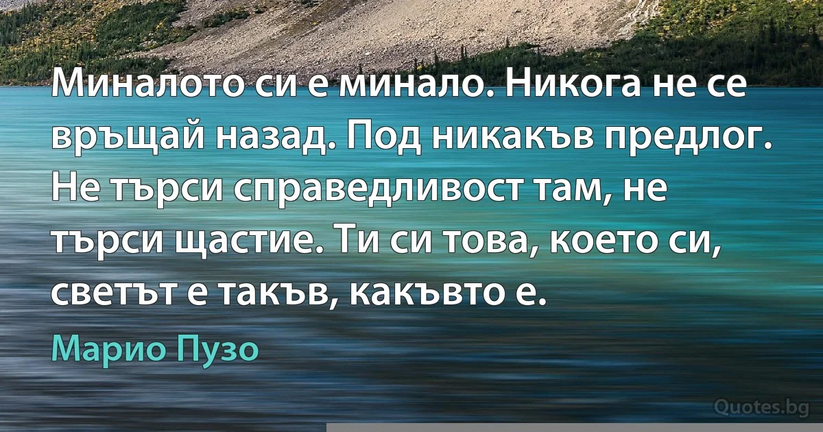 Миналото си е минало. Никога не се връщай назад. Под никакъв предлог. Не търси справедливост там, не търси щастие. Ти си това, което си, светът е такъв, какъвто е. (Марио Пузо)