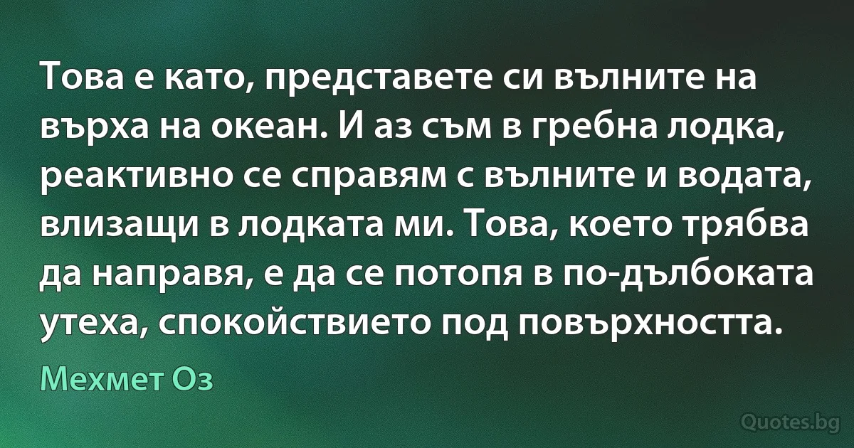 Това е като, представете си вълните на върха на океан. И аз съм в гребна лодка, реактивно се справям с вълните и водата, влизащи в лодката ми. Това, което трябва да направя, е да се потопя в по-дълбоката утеха, спокойствието под повърхността. (Мехмет Оз)