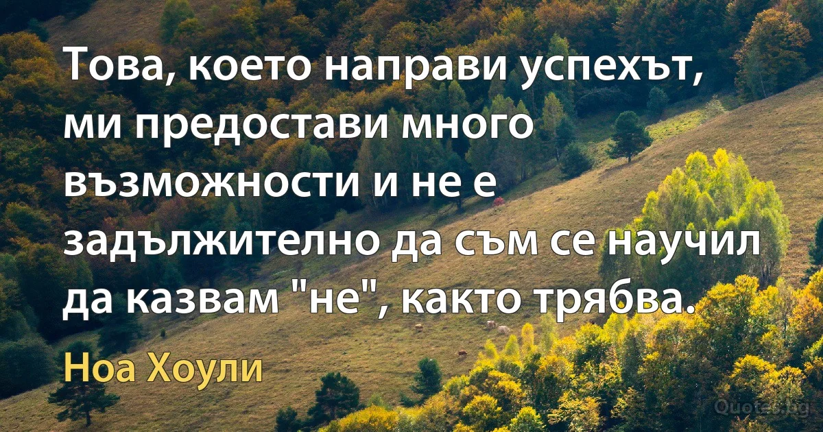 Това, което направи успехът, ми предостави много възможности и не е задължително да съм се научил да казвам "не", както трябва. (Ноа Хоули)