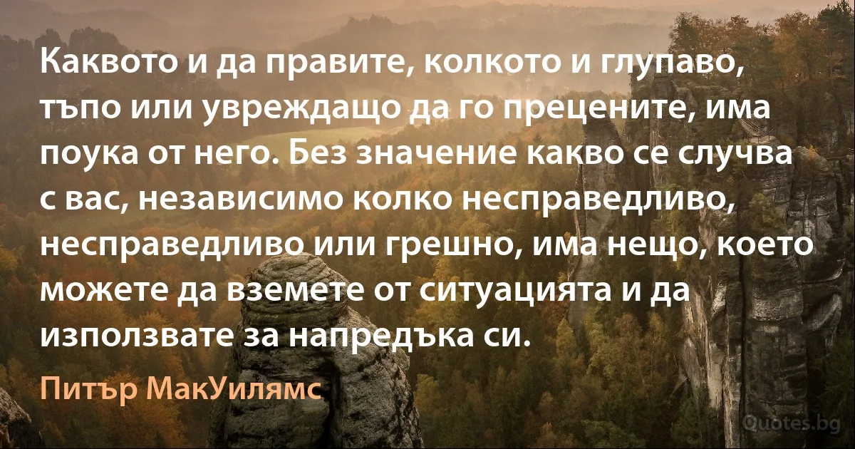 Каквото и да правите, колкото и глупаво, тъпо или увреждащо да го прецените, има поука от него. Без значение какво се случва с вас, независимо колко несправедливо, несправедливо или грешно, има нещо, което можете да вземете от ситуацията и да използвате за напредъка си. (Питър МакУилямс)