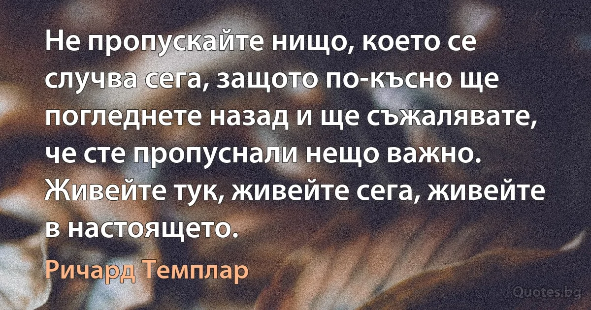 Не пропускайте нищо, което се случва сега, защото по-късно ще погледнете назад и ще съжалявате, че сте пропуснали нещо важно. Живейте тук, живейте сега, живейте в настоящето. (Ричард Темплар)