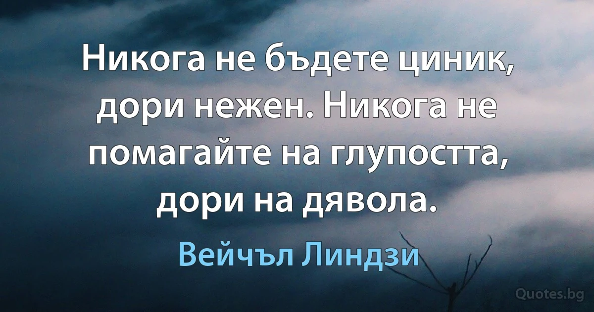 Никога не бъдете циник, дори нежен. Никога не помагайте на глупостта, дори на дявола. (Вейчъл Линдзи)