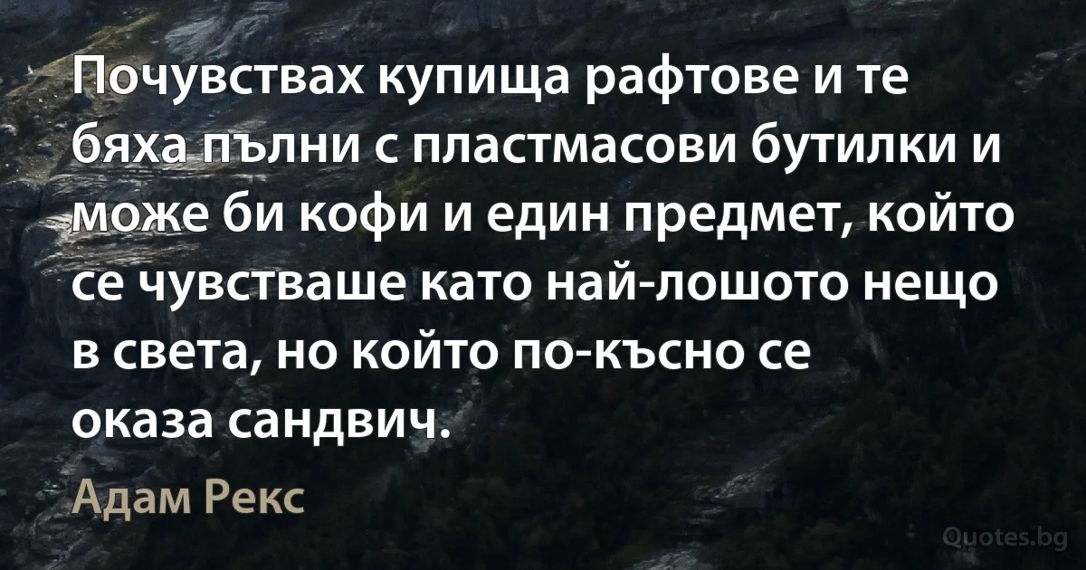 Почувствах купища рафтове и те бяха пълни с пластмасови бутилки и може би кофи и един предмет, който се чувстваше като най-лошото нещо в света, но който по-късно се оказа сандвич. (Адам Рекс)