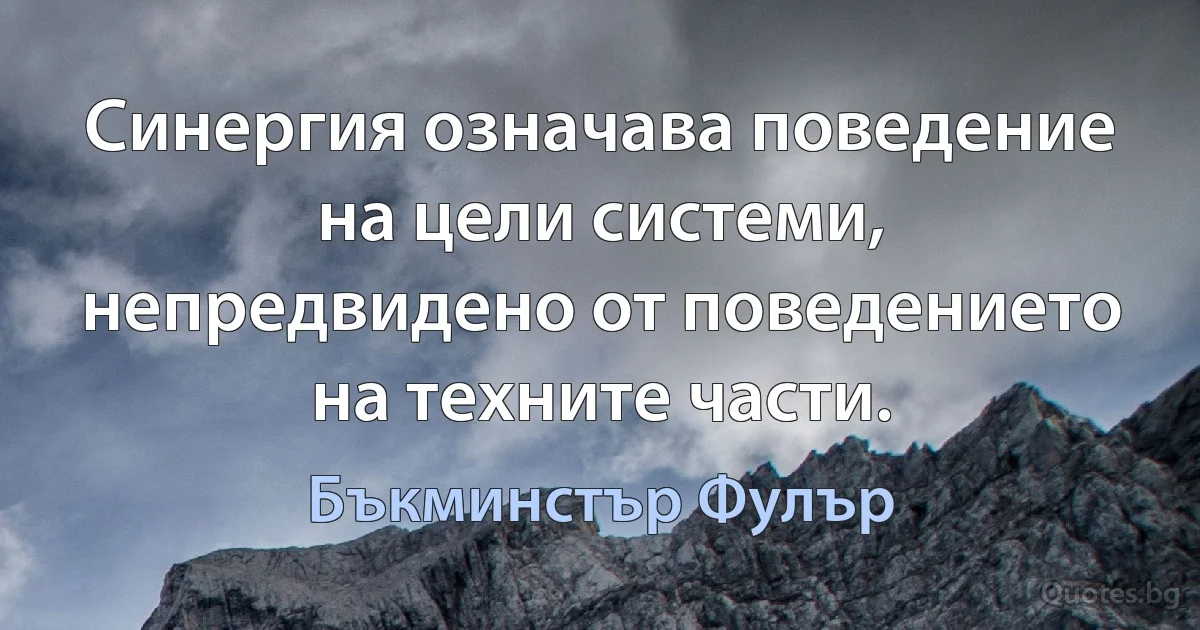 Синергия означава поведение на цели системи, непредвидено от поведението на техните части. (Бъкминстър Фулър)