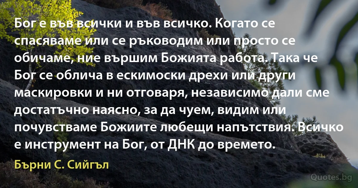 Бог е във всички и във всичко. Когато се спасяваме или се ръководим или просто се обичаме, ние вършим Божията работа. Така че Бог се облича в ескимоски дрехи или други маскировки и ни отговаря, независимо дали сме достатъчно наясно, за да чуем, видим или почувстваме Божиите любещи напътствия. Всичко е инструмент на Бог, от ДНК до времето. (Бърни С. Сийгъл)