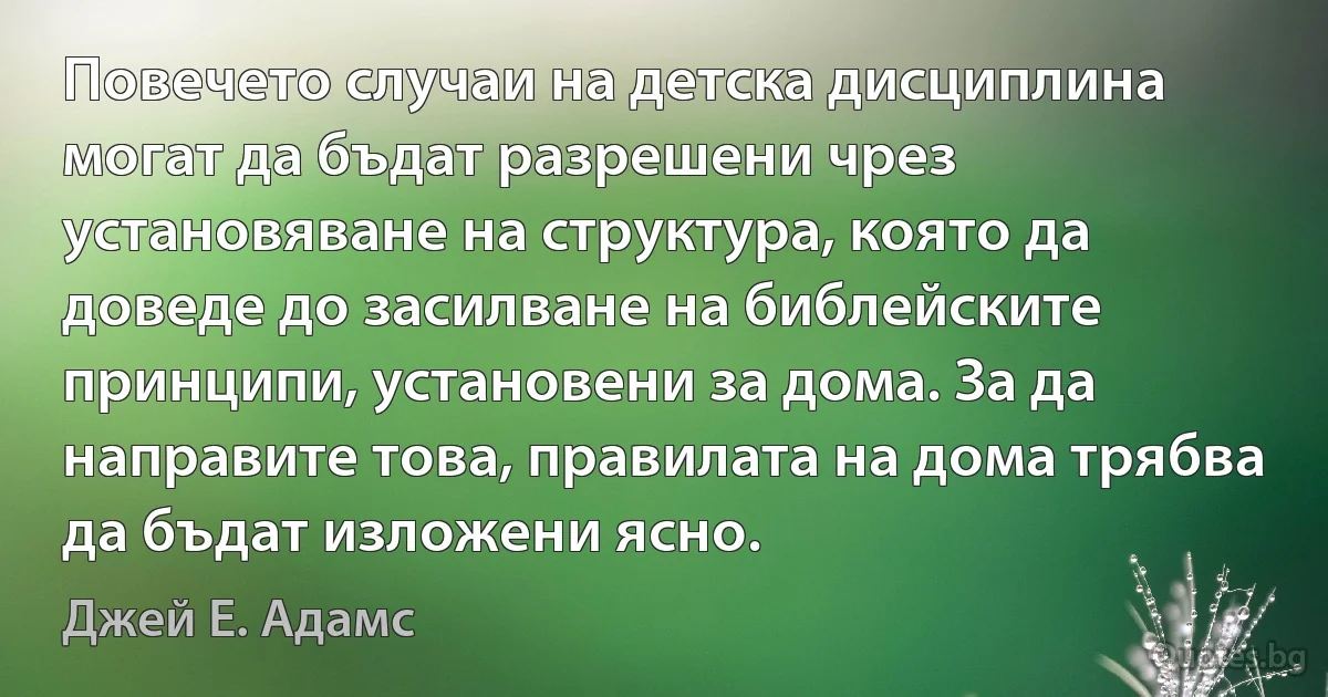 Повечето случаи на детска дисциплина могат да бъдат разрешени чрез установяване на структура, която да доведе до засилване на библейските принципи, установени за дома. За да направите това, правилата на дома трябва да бъдат изложени ясно. (Джей Е. Адамс)