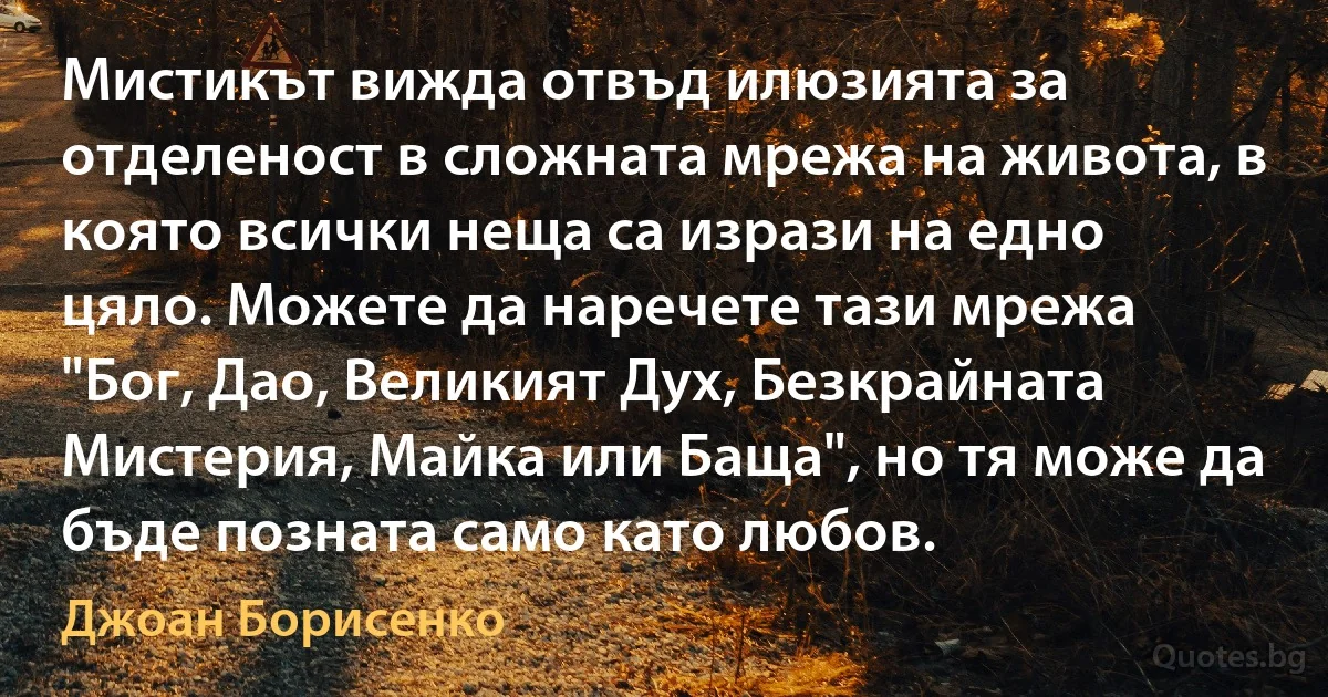 Мистикът вижда отвъд илюзията за отделеност в сложната мрежа на живота, в която всички неща са изрази на едно цяло. Можете да наречете тази мрежа "Бог, Дао, Великият Дух, Безкрайната Мистерия, Майка или Баща", но тя може да бъде позната само като любов. (Джоан Борисенко)