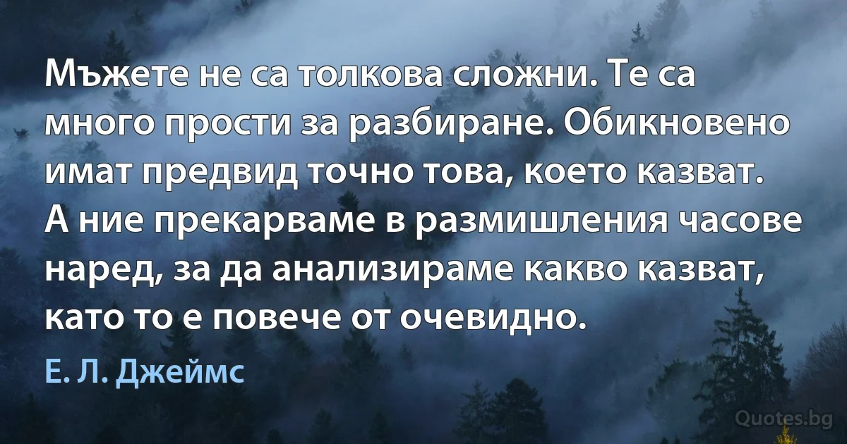 Мъжете не са толкова сложни. Те са много прости за разбиране. Обикновено имат предвид точно това, което казват. А ние прекарваме в размишления часове наред, за да анализираме какво казват, като то е повече от очевидно. (Е. Л. Джеймс)