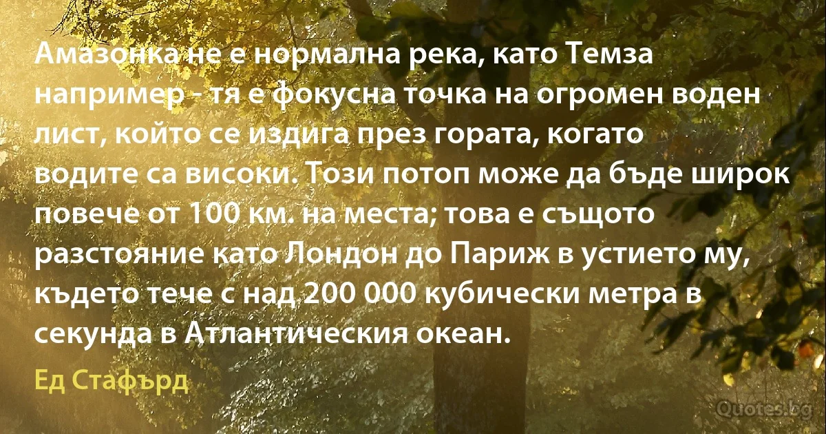 Амазонка не е нормална река, като Темза например - тя е фокусна точка на огромен воден лист, който се издига през гората, когато водите са високи. Този потоп може да бъде широк повече от 100 км. на места; това е същото разстояние като Лондон до Париж в устието му, където тече с над 200 000 кубически метра в секунда в Атлантическия океан. (Ед Стафърд)