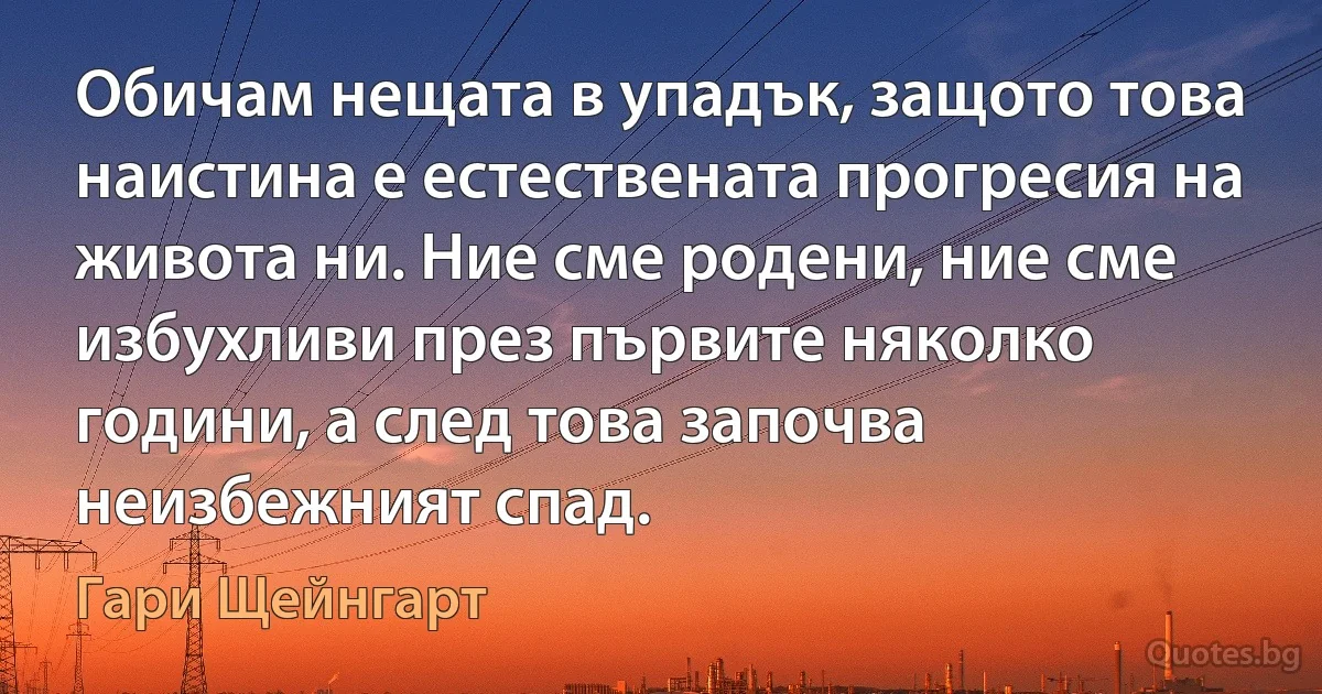 Обичам нещата в упадък, защото това наистина е естествената прогресия на живота ни. Ние сме родени, ние сме избухливи през първите няколко години, а след това започва неизбежният спад. (Гари Щейнгарт)