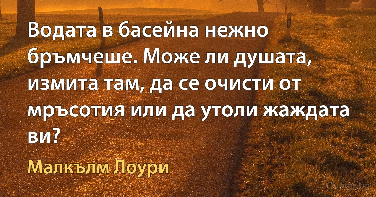 Водата в басейна нежно бръмчеше. Може ли душата, измита там, да се очисти от мръсотия или да утоли жаждата ви? (Малкълм Лоури)