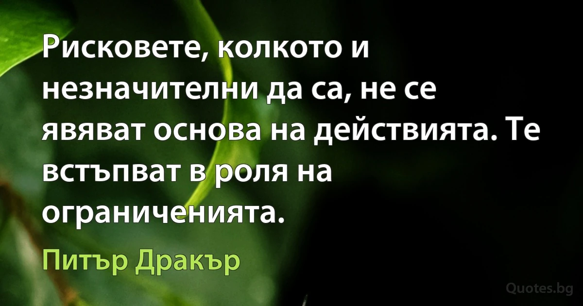 Рисковете, колкото и незначителни да са, не се явяват основа на действията. Те встъпват в роля на ограниченията. (Питър Дракър)