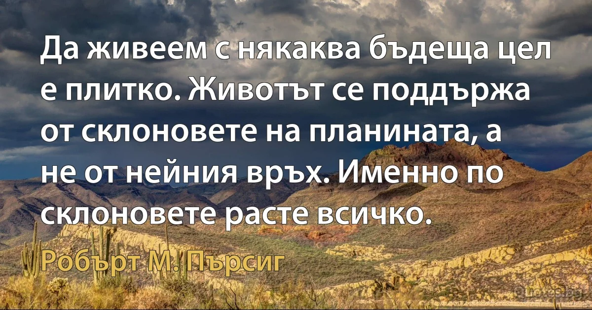 Да живеем с някаква бъдеща цел е плитко. Животът се поддържа от склоновете на планината, а не от нейния връх. Именно по склоновете расте всичко. (Робърт М. Пърсиг)