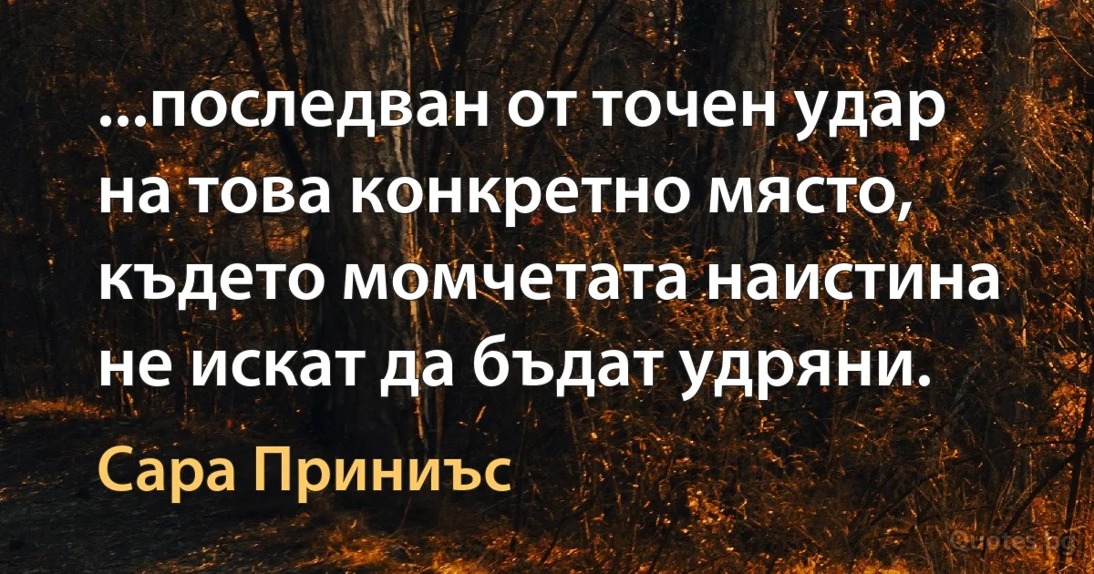 ...последван от точен удар на това конкретно място, където момчетата наистина не искат да бъдат удряни. (Сара Приниъс)