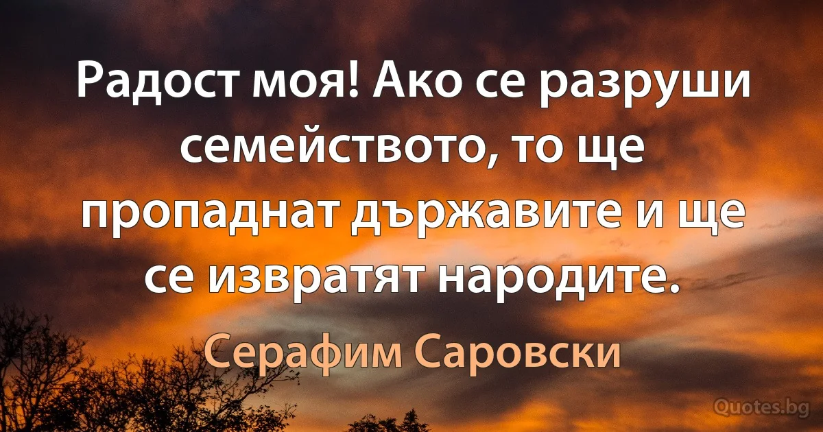 Радост моя! Ако се разруши семейството, то ще пропаднат държавите и ще се извратят народите. (Серафим Саровски)