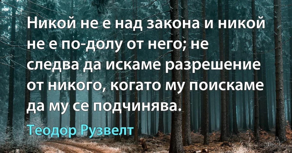 Никой не е над закона и никой не е по-долу от него; не следва да искаме разрешение от никого, когато му поискаме да му се подчинява. (Теодор Рузвелт)